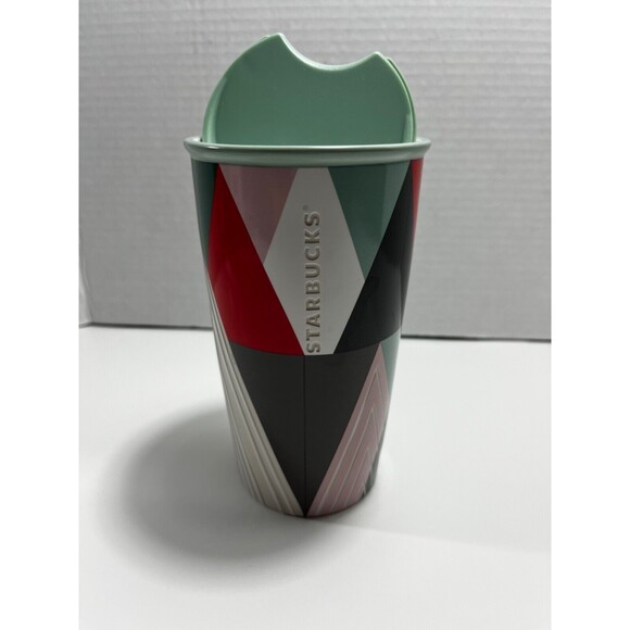 Starbucks Holiday Traveler Mug Geometric Tree Green Lid 12oz Tumbler Cup 2017 - Picture 1 of 8